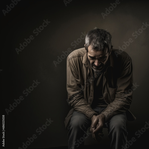 Tormented and sad Soul: A Gripping Image Depicting a Man Overwhelmed by Anxiety and Torment, Explores the Social Documentary Concept with Raw Emotion and Thought-Provoking Intensity