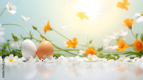 Flat Lay Masterpiece on a Serene Blue Background, Crafting a Happy Easter Greeting Card Template and Modern Holiday Banner in a Festive Composition