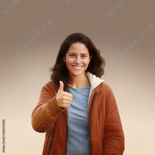 Casual Charm: A Captivating Image of a Beautiful Brunette Woman Wearing Casual Clothes, Winking, and Showing Thumbs Up at the Camera - Effortlessly Radiating Confidence and Playful Positivity