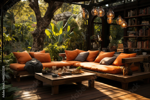 Relaxation and lounge area on the villa's terrace with large sofas and a table at sunset © Sunshine