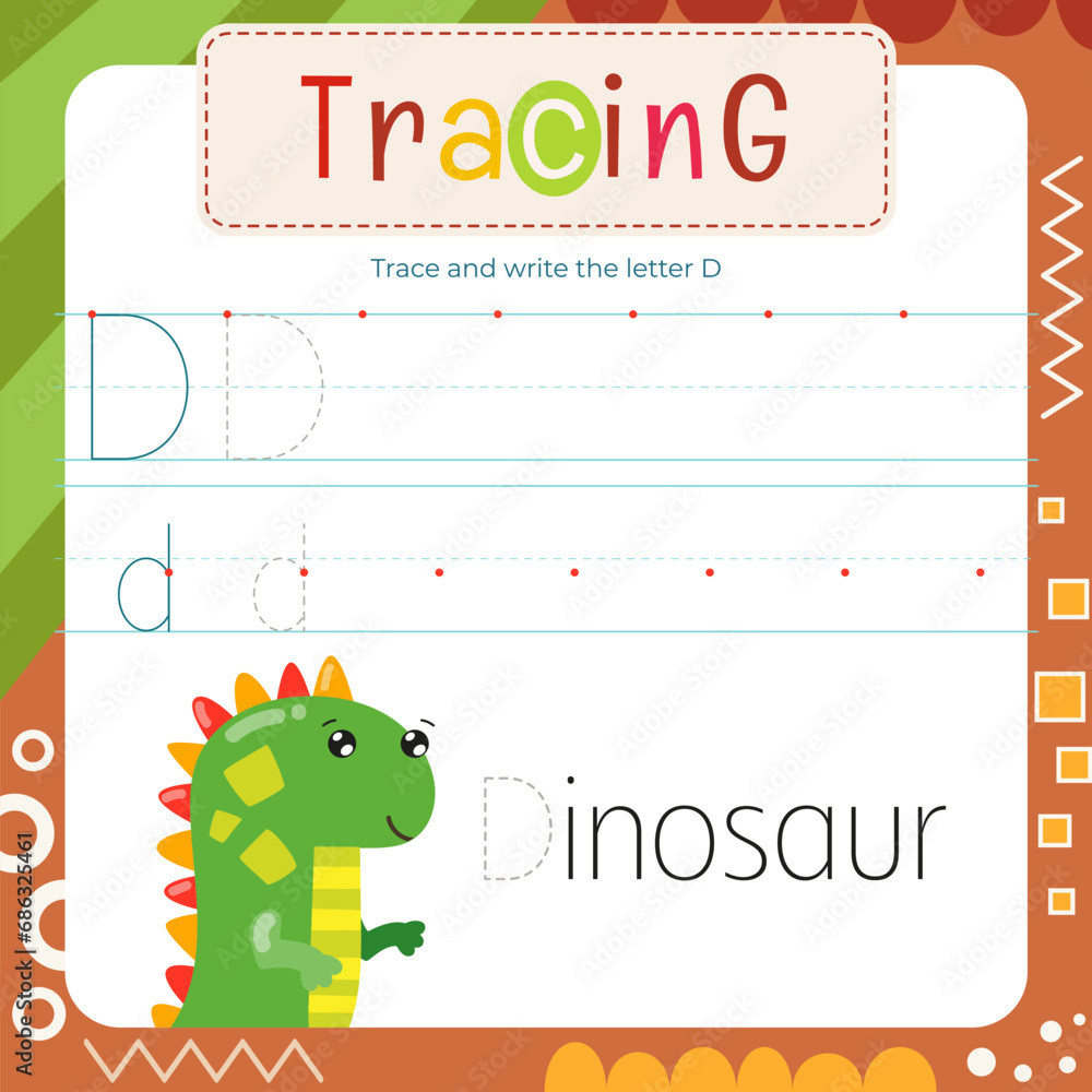Letter Tracing Flash Card. Writing Letter D uppercase and lowercase, trace D in word Dinosaur. Worksheet to teach kids handwriting practice. Vector lined page for textbook Letter Tracing Flash Card. Writing Letter D uppercase and lowercase, trace D in word Dinosaur. Worksheet to teach kids handwriting practice. Vector lined page for textbook