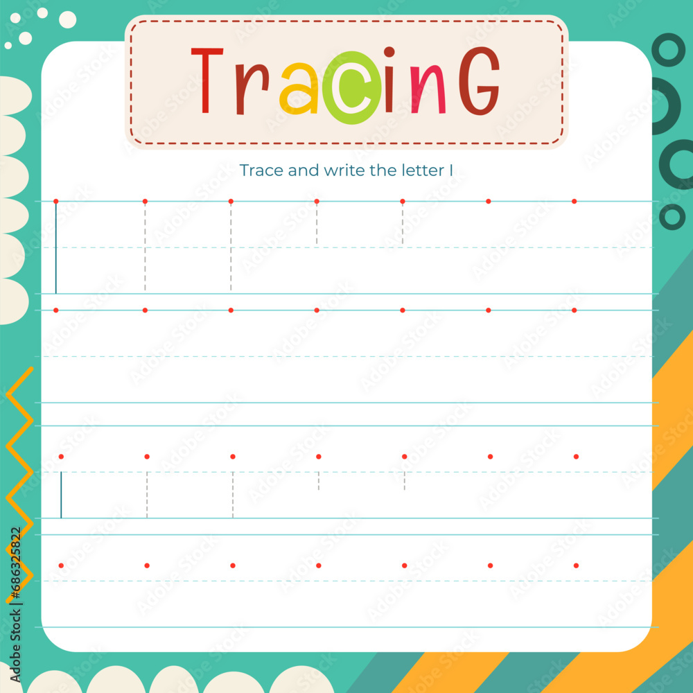 Learning to trace and writing kids activity worksheet. Page letter I for kids tracing textbook, uppercase and lowercase. Lined sheet for kids exercise book. Vector illustration. Square flash card