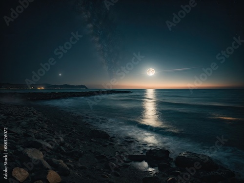 The moon in a waning quarter with stars reflected everything in the sea at night, sunset over the sea, sunset on the beach, sunset at the beach, moon over the sea, full moon over sea
