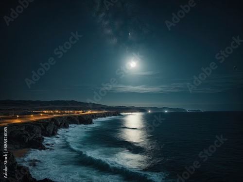 The moon in a waning quarter with stars reflected everything in the sea at night, sunset over the sea, sunset on the beach, sunset at the beach, moon over the sea, full moon over sea