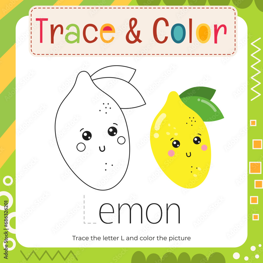 Coloring page for Letter Tracing Book. Trace letter L in word Lemon and ...
