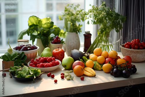  Fruits and vegetables lying on the table, Scandinavian style ,kitchen