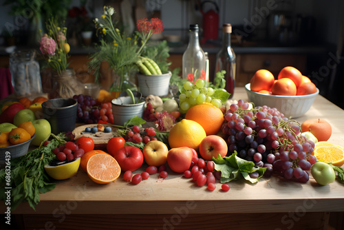 Fruits and vegetables lying on the table in a Scandinavian style kitchen