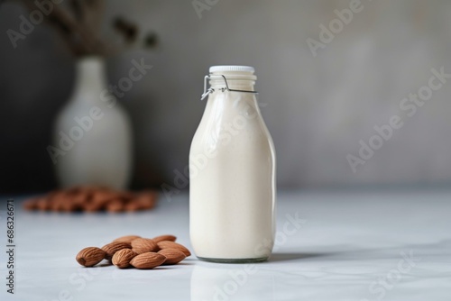 Bottled almond milk on a bright backdrop. Generative AI
