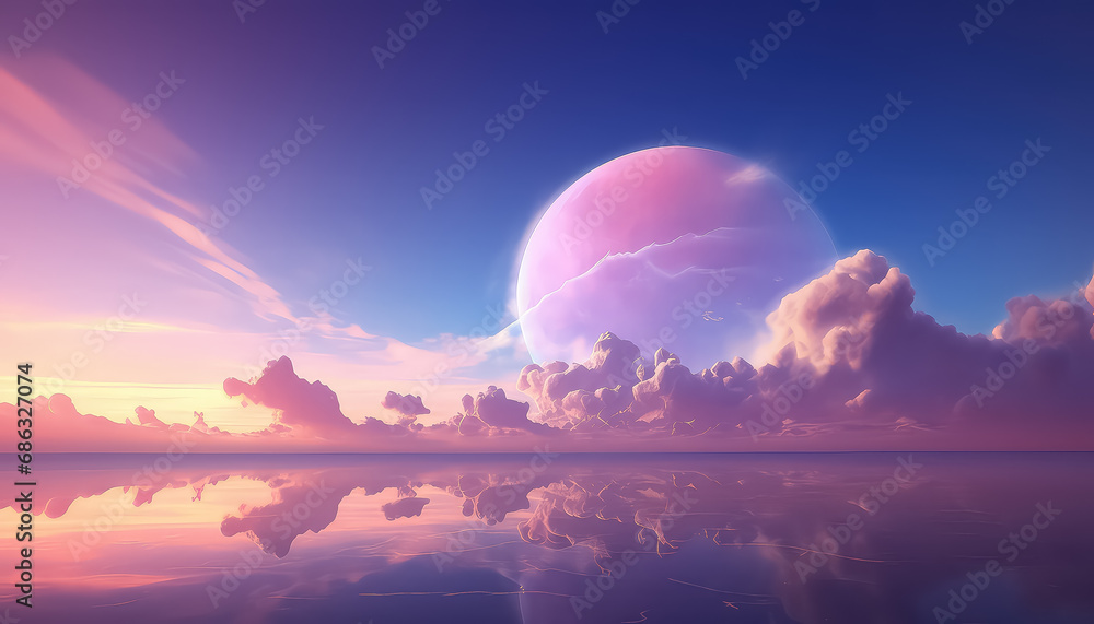 Fototapeta premium fantasy background with glowing neon pink ring and white cloud over water with abstract seascape