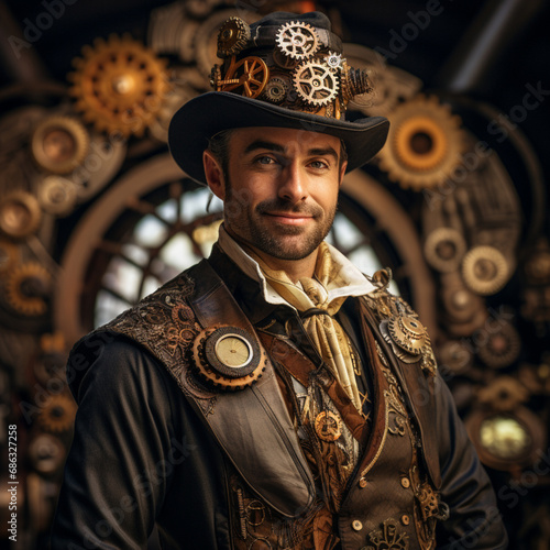 Fotografia con detalle de hombre con disfraz de carnaval de estilo steampunk