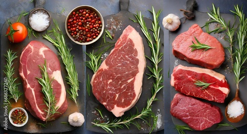 Set of different raw steaks, top view, isolated