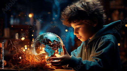Little boy in dark room with glowing globe. Fairy tale concept photo