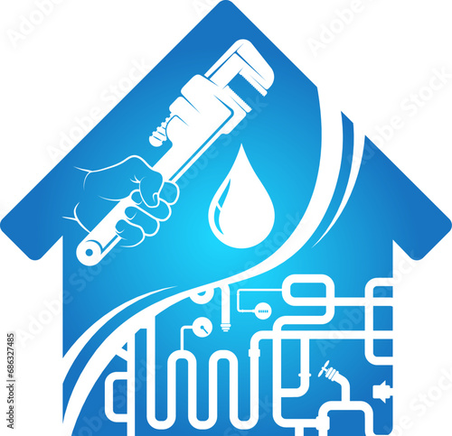 Plumbing repair and service sign. Water pipes heating and water supply system