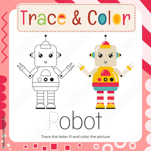 Coloring page for Letter Tracing Book. Trace letter R in word Robot and color picture. Flash card for toddler and teacher. Vector printable page for Exercise book