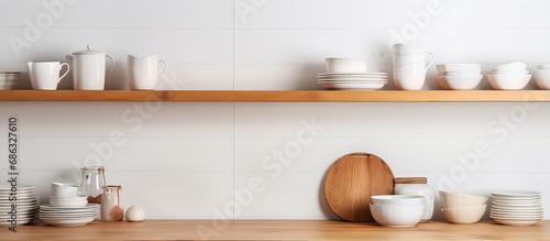 Wooden shelf with clean dishes