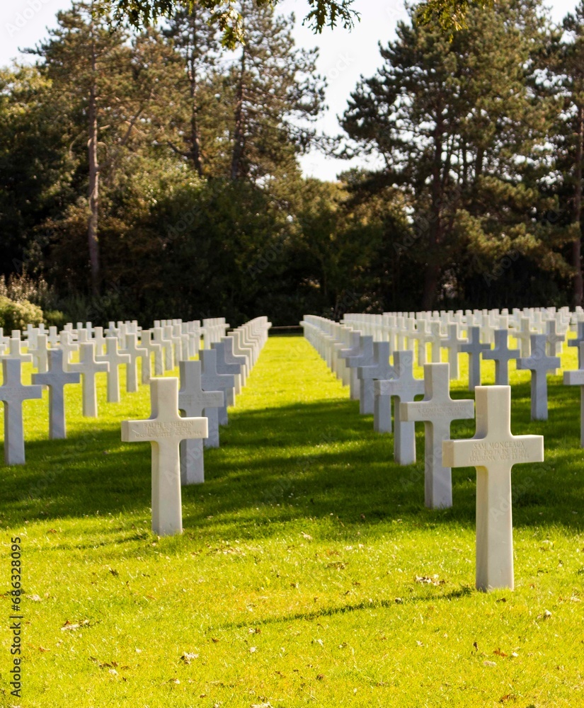 Rangées du cimetière américain d'Omaha Beach en Normandie