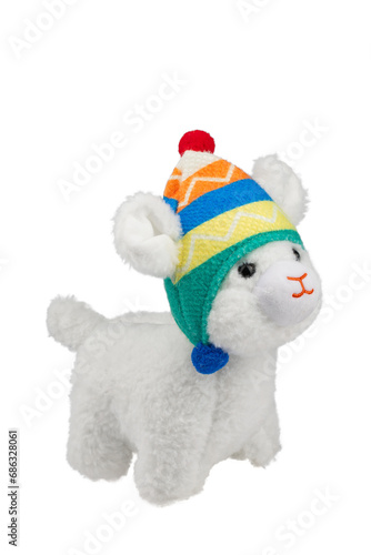 a soft toy made of white fluffy material, a llama in a colored hat with pompoms, isolated 