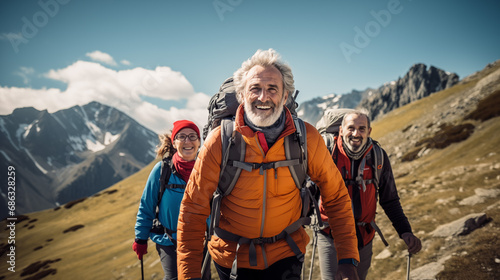 A happy group of elderly people walking on mountain trail in a sunny day. 