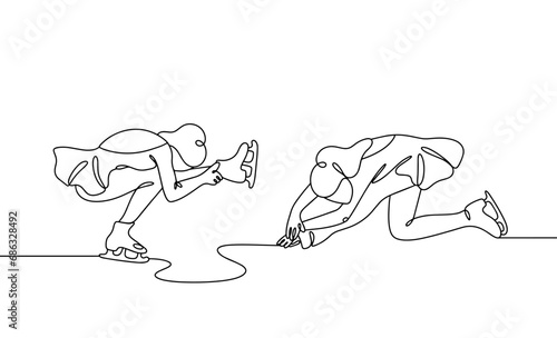 Young woman. Ice. Figure skating. One line