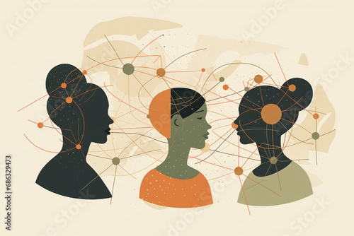 Psychology and female entrepreneurship. Interpersonal relationships and women meeting, connecting, and uniting thoughts. Multicultural community of diverse minds working as a team