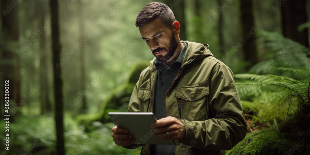 Environmental activist portrait in a lush green forest, holding a digital tablet with interactive map