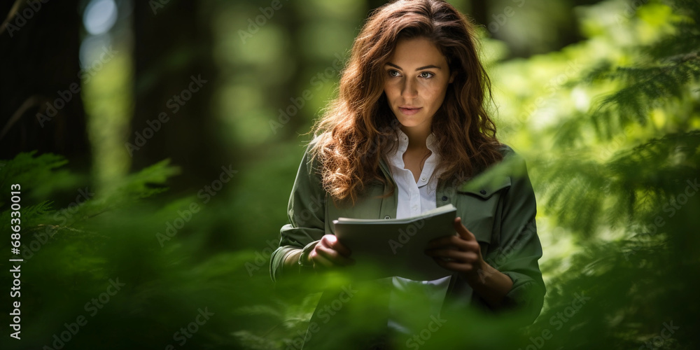 Environmental activist portrait in a lush green forest, holding a digital tablet with interactive map Environmental activist portrait in a lush green forest, holding a digital tablet with interactive map