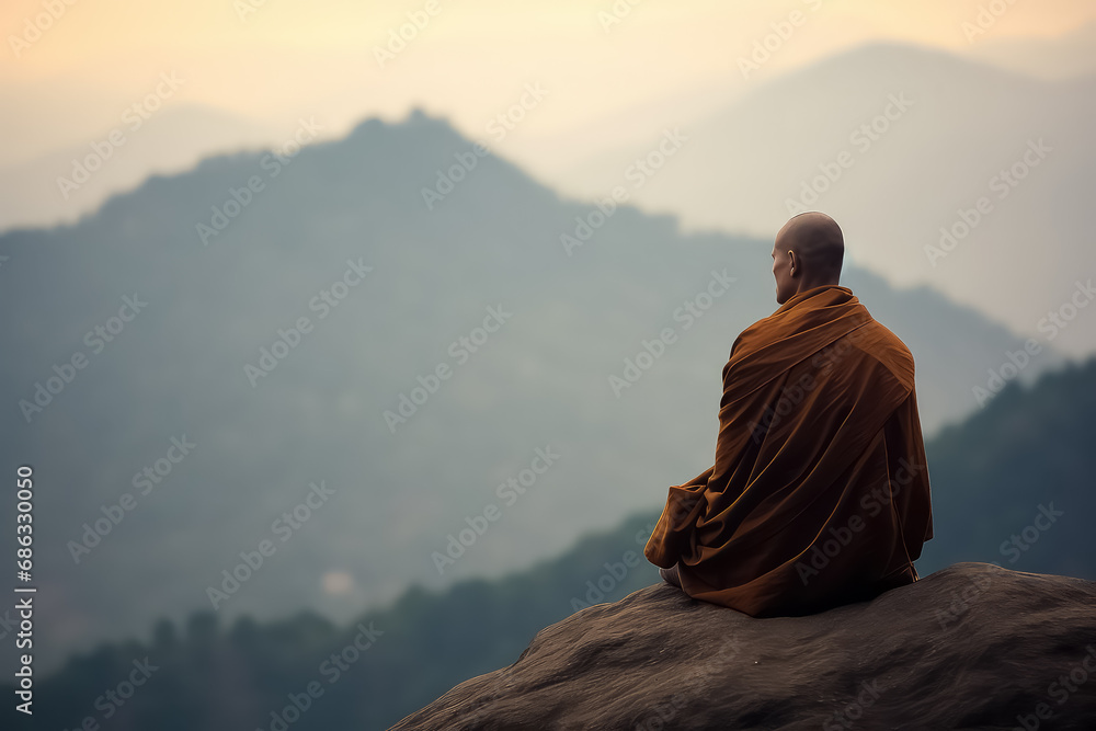 Buddhist monk in meditation on a beautiful sunset background on a high mountain