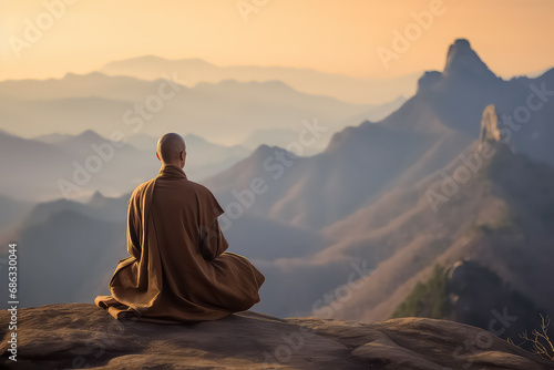 Buddhist monk in meditation on a beautiful sunset background on a high mountain © terra.incognita