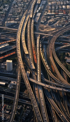 An aerial shot of a convoy of trucks on a highway interchange, their cargo containers creating a geometric pattern against the urban sprawl