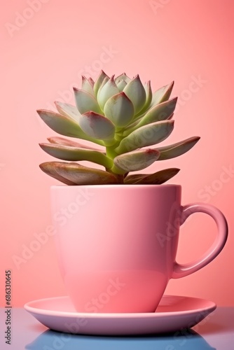 green echeveria succulent plant in pink cup on pink background, copy-space © Sviatoslav