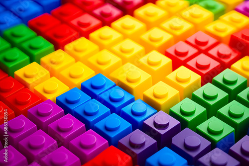 Close up of multi colored lego pattern of bricks. photo