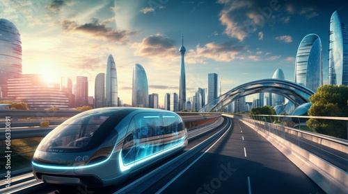 An autonomous vehicle navigating a smart city  showcasing the integration of technology and convenience in modern transportation