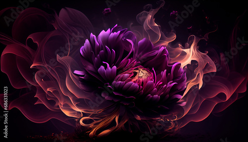 Maroon purple flower in fire  flame. AI generative