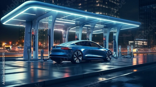 An electric car charging at a sleek charging station, portraying sustainability and modern transportation © Shahrukh