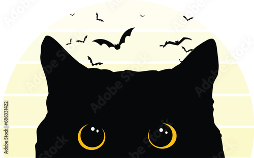 Black peaking cat with bats in the background funny adorable Halloween big eyes black cat retro vintage moon design