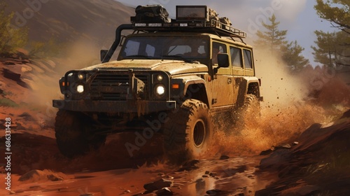 An off-road 4x4 vehicle conquering challenging terrain, emphasizing ruggedness and adventure