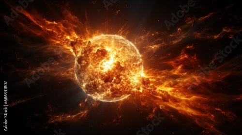 Planet explosion emitting rays of vibrant orange from within, banner, copy space