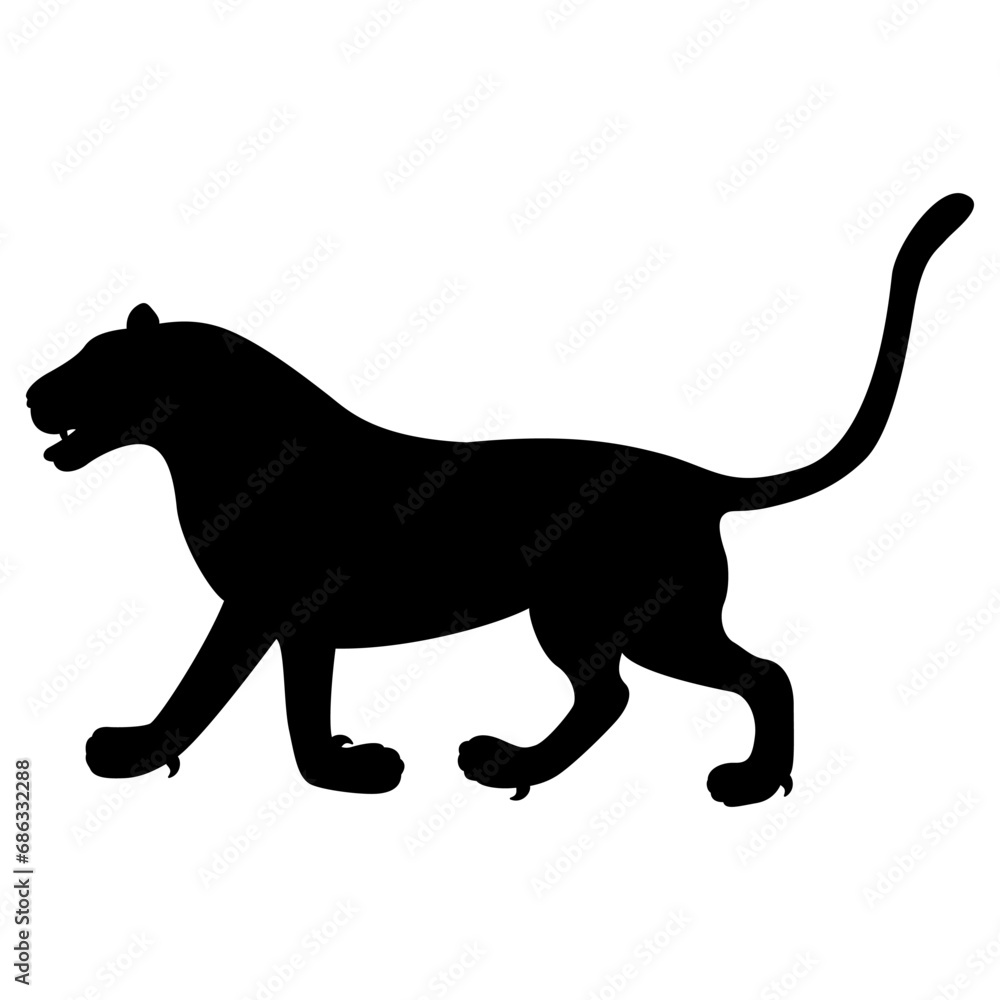 Walking tiger. Black silhouette on white background.