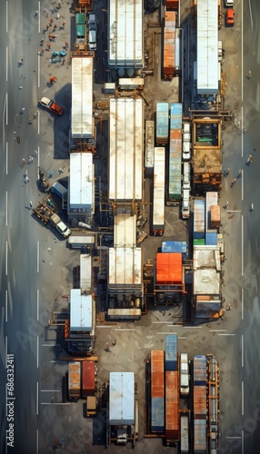 An overhead view of a bustling logistics hub with trucks loading and unloading cargo against an industrial backdrop
