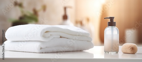 Closeup of fresh terry towels with soap and shampoo on a table against a blurred bathroom background