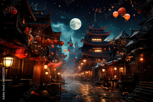 Card is festive for the New Year in Asian countries. Traditional pagodas and a street decorated with lanterns © Sunshine
