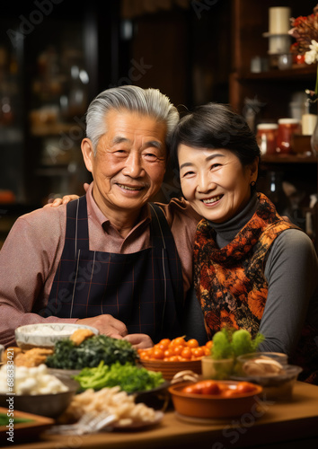 Japanese married couple sitting at the table  grandfather  grandmother  old man  mature woman  Japan  Asians  elderly people s day  pensioner  retired  family  lunch  tea party  traditional ceremony