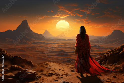 Woman in a red abaya looks at the setting sun in the desert with mountains, standing on a hill with her back