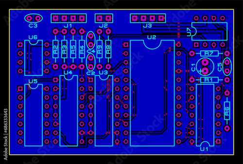 Vector printed circuit board of an electronic 
device with components of radio elements, 
conductors and contact pads placed on it. 
Engineering drawing.