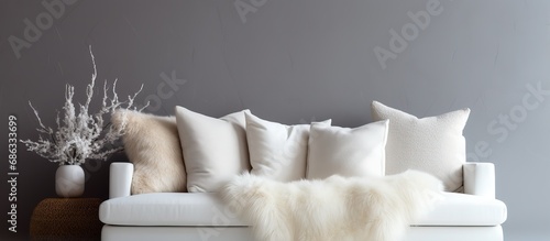 White fur pillows placed on the lounge s couch photo