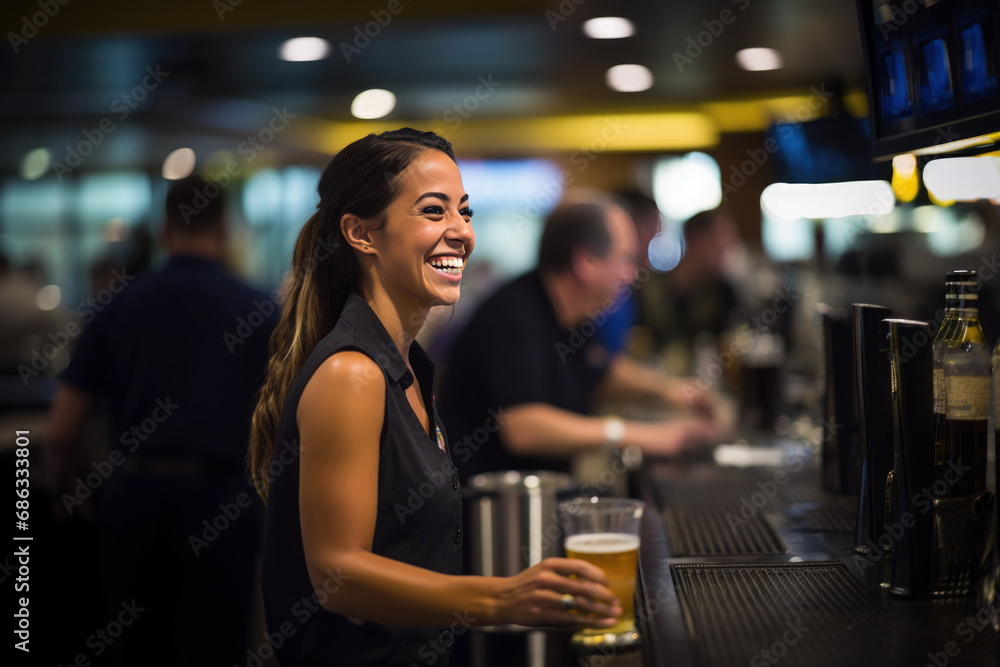 Bar waitress woman happily serving a beer. AI generative.