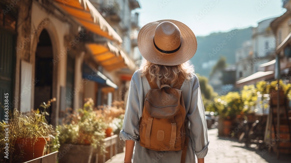 Back view of Tourist 60s mid age beautiful elderly senior model woman with hat and backpack at vacation in France, Wanderlust concept.