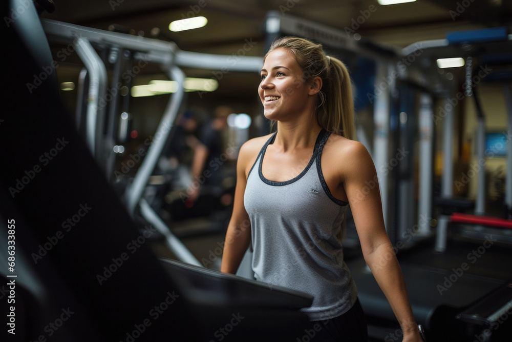 Young woman training with gym machines. AI generative.