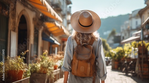 Back view of Tourist 60s mid age beautiful elderly senior model woman with hat and backpack at vacation in France, Wanderlust concept.