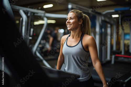 Young woman training with gym machines. AI generative.